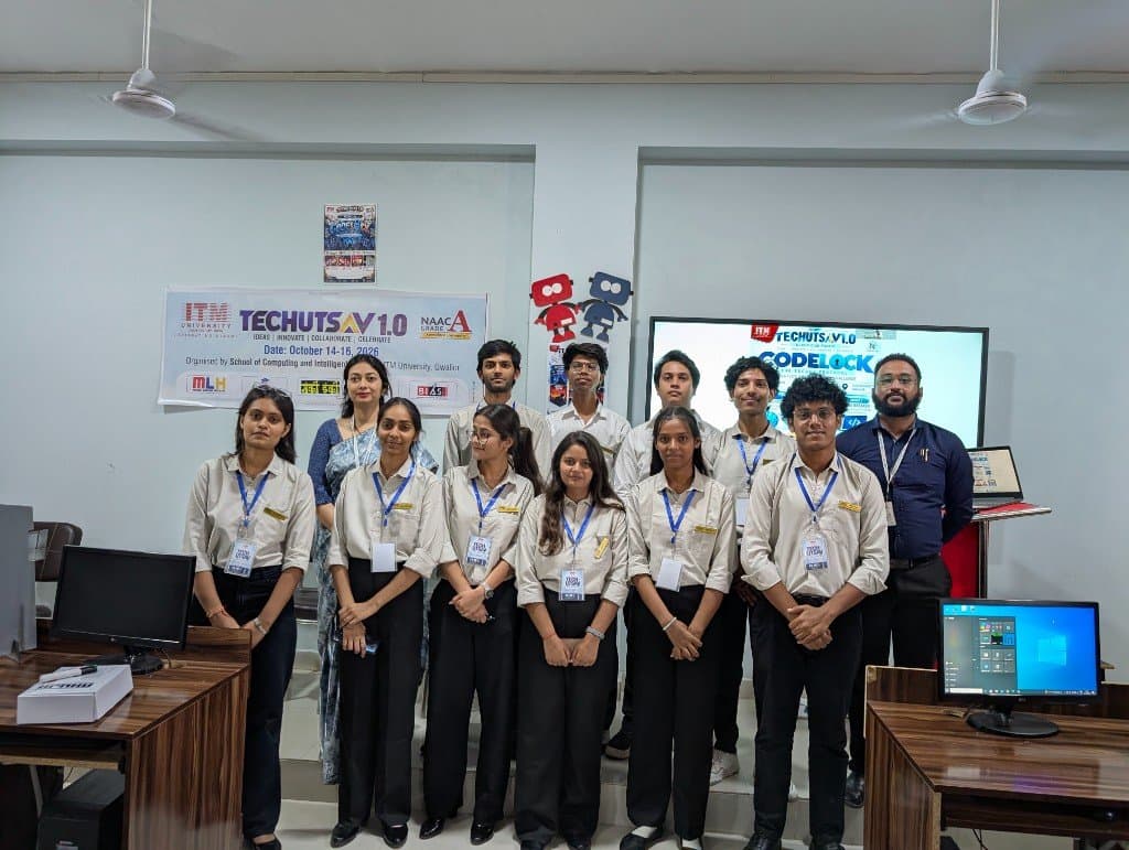 CodeLock organisers with faculty beside the TechUtsav banner.