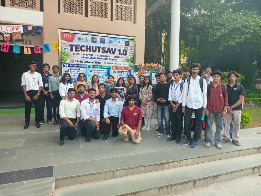 The CyberForge group on the steps in front of the TechUtsav 1.0 banner.