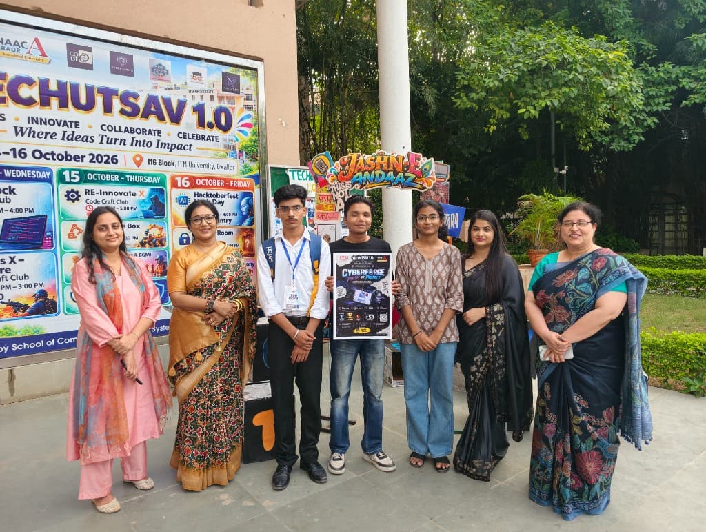 CyberForge organisers and participants outside, holding the Phish or Protect poster beside the TechUtsav banner.