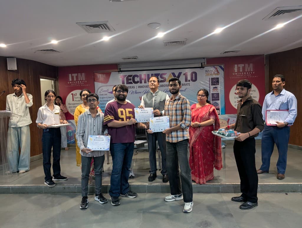 Hacktoberfest winners on the TechUtsav stage holding certificates with faculty and coordinators.