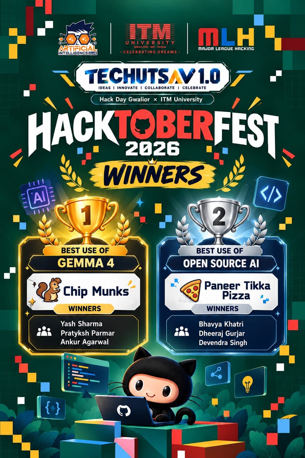 Official Hacktoberfest 2026 winners poster. Best Use of Gemma 4 went to Chip Munks: Yash Sharma, Pratyaksh Parmar and Ankur Agarwal. Best Use of Open Source AI went to Paneer Tikka Pizza: Bhavya Khatri, Dheeraj Gurjar and Devendra Singh.