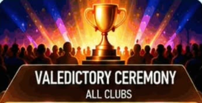 Valedictory Ceremony artwork from the official schedule poster: a golden trophy before a cheering crowd.