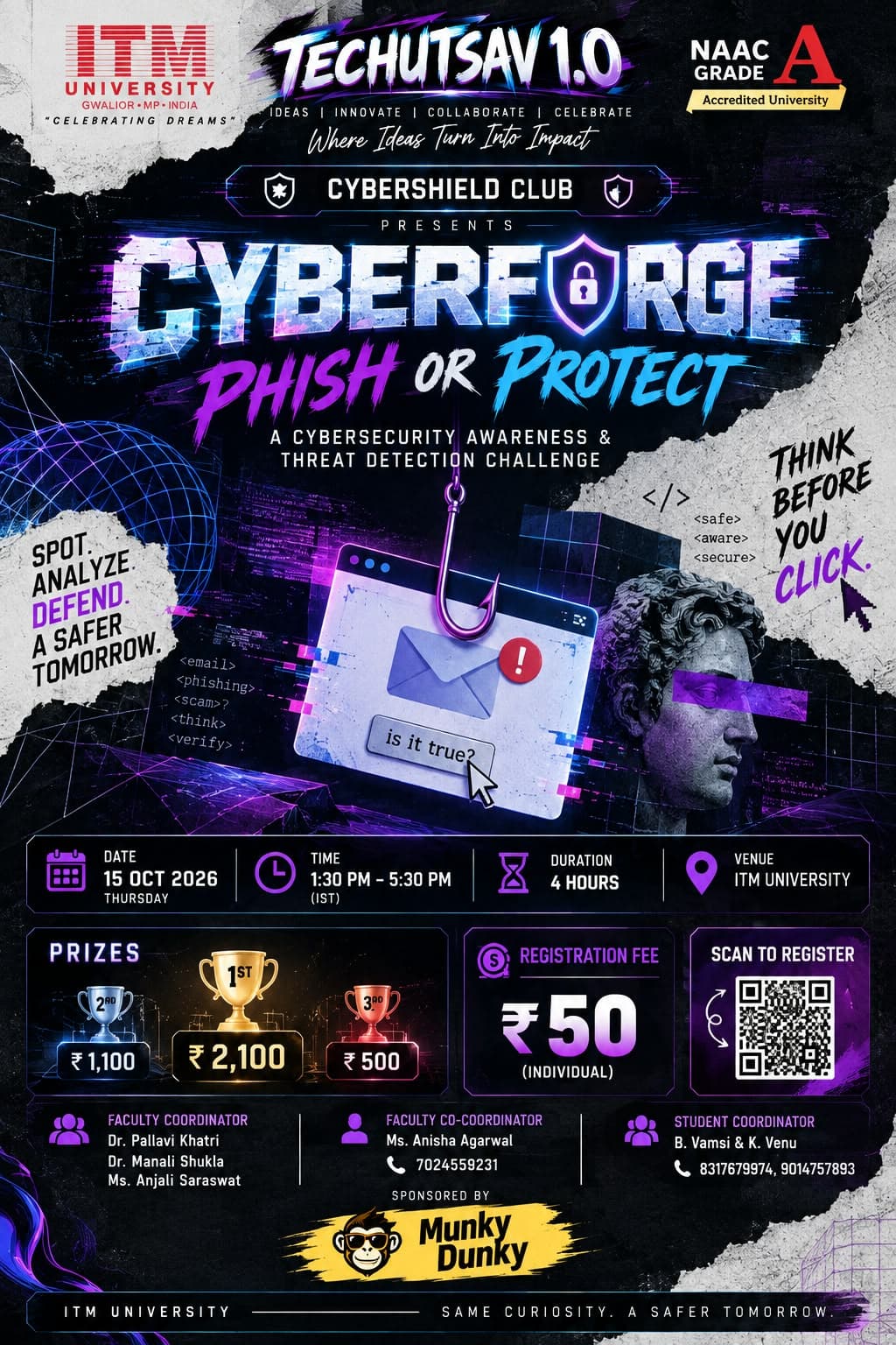 Official CyberForge: Phish or Protect poster by CyberShield Club: a phishing hook over an email window beside a classical bust, with date, prizes, coordinators and sponsor Munky Dunky.