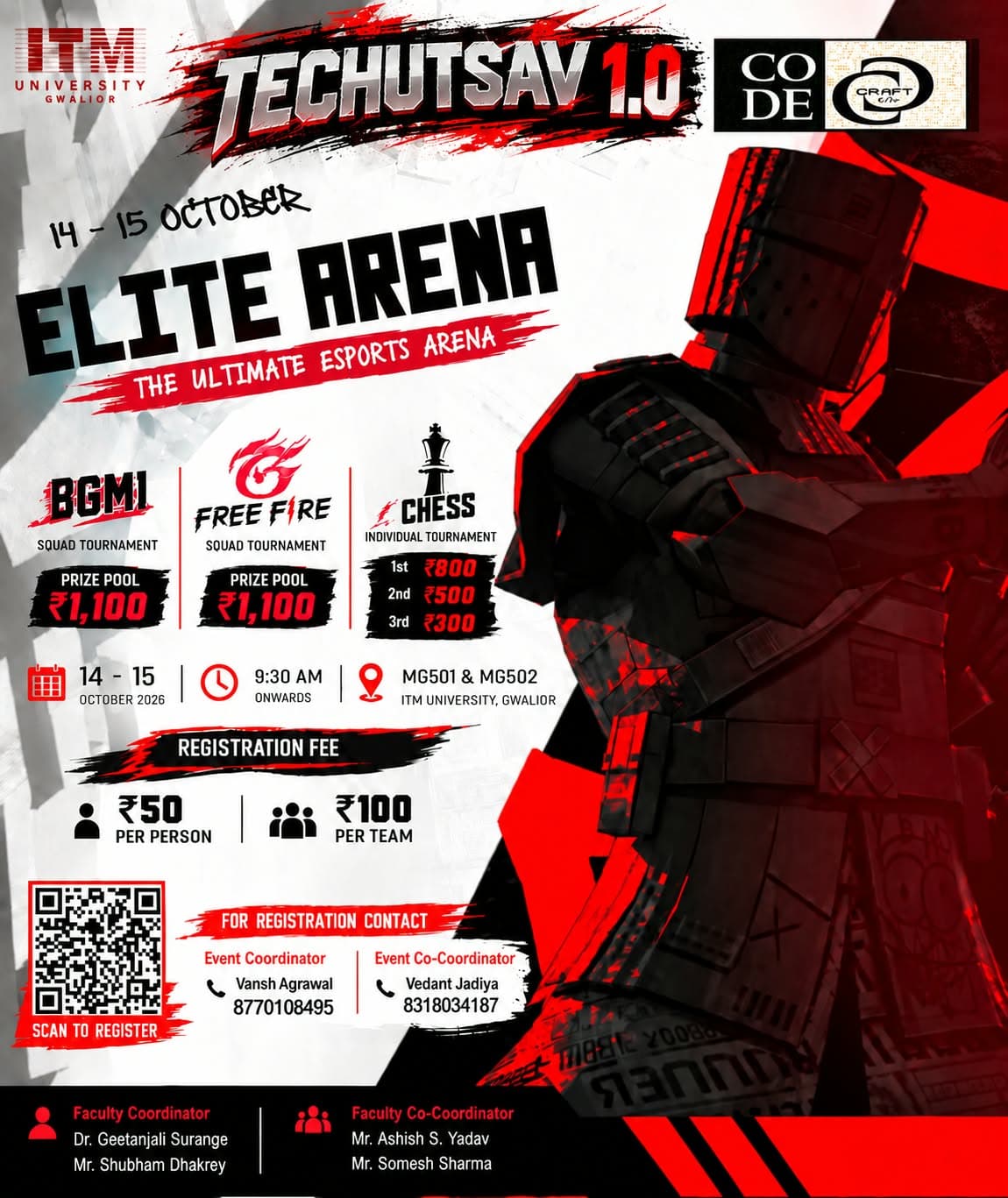 Official Elite Arena poster by Code Craft: an armoured figure in red and black with BGMI, Free Fire and Chess prize details.
