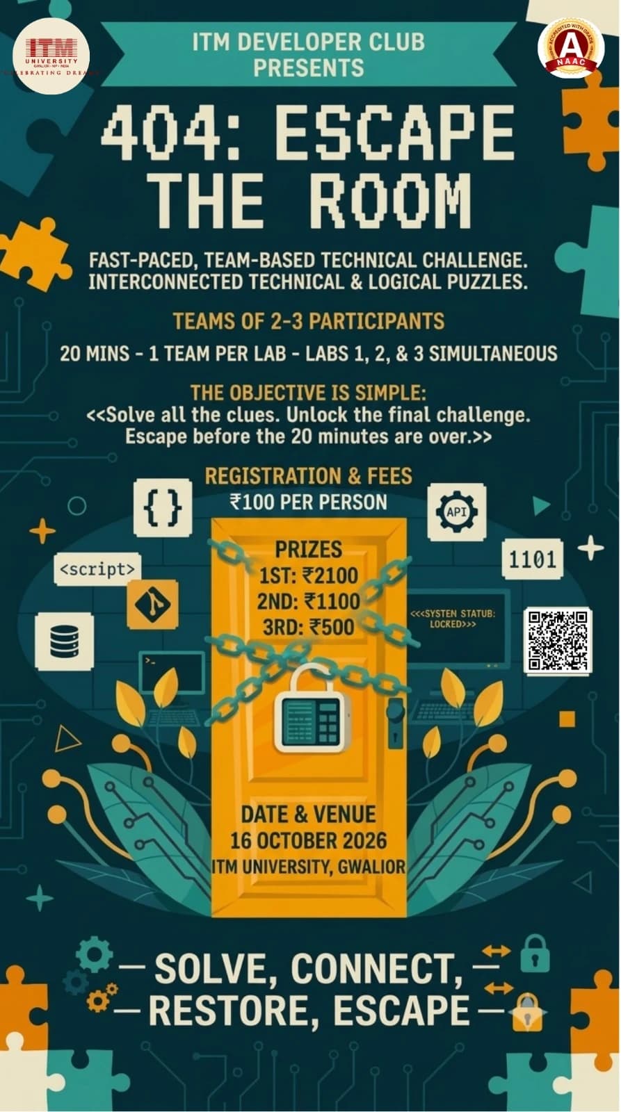 Official 404: Escape the Room poster by ITM Developer Club: a chained and padlocked orange door surrounded by puzzle pieces, with team size, fees, prizes and date.