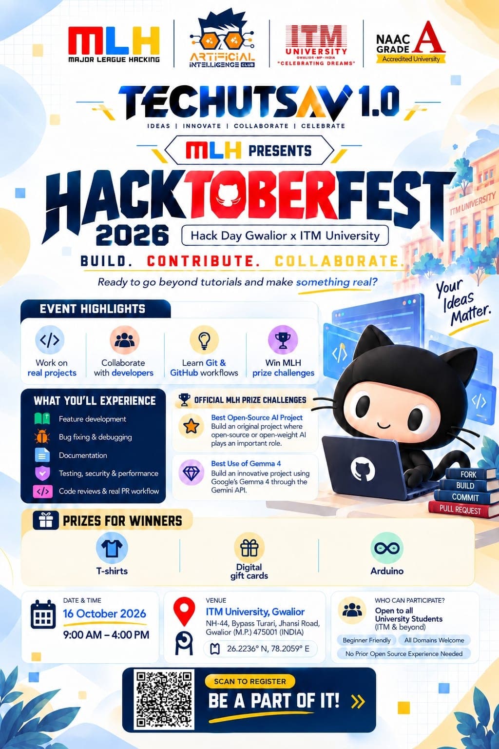 Official Hacktoberfest 2026 Hack Day Gwalior × ITM University poster with MLH, AI Club and ITM University logos, event highlights and MLH prize challenges.